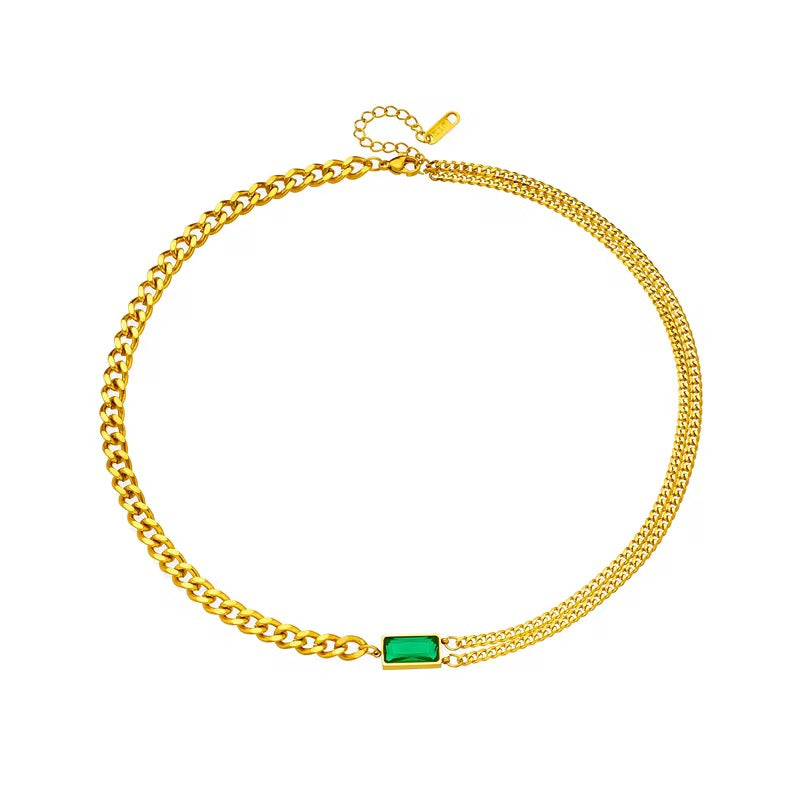 Gold Curb Chain Necklace with Emerald Green Pendant