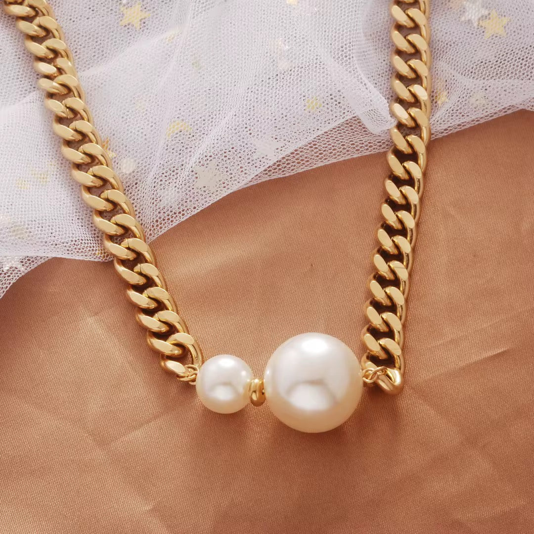 18K Gold Plated Chain with two Statement Pearls Necklace