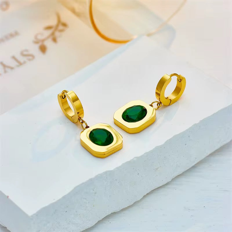 18K Gold Green Crystal Drop Earrings - Emerald Statement Hoops
