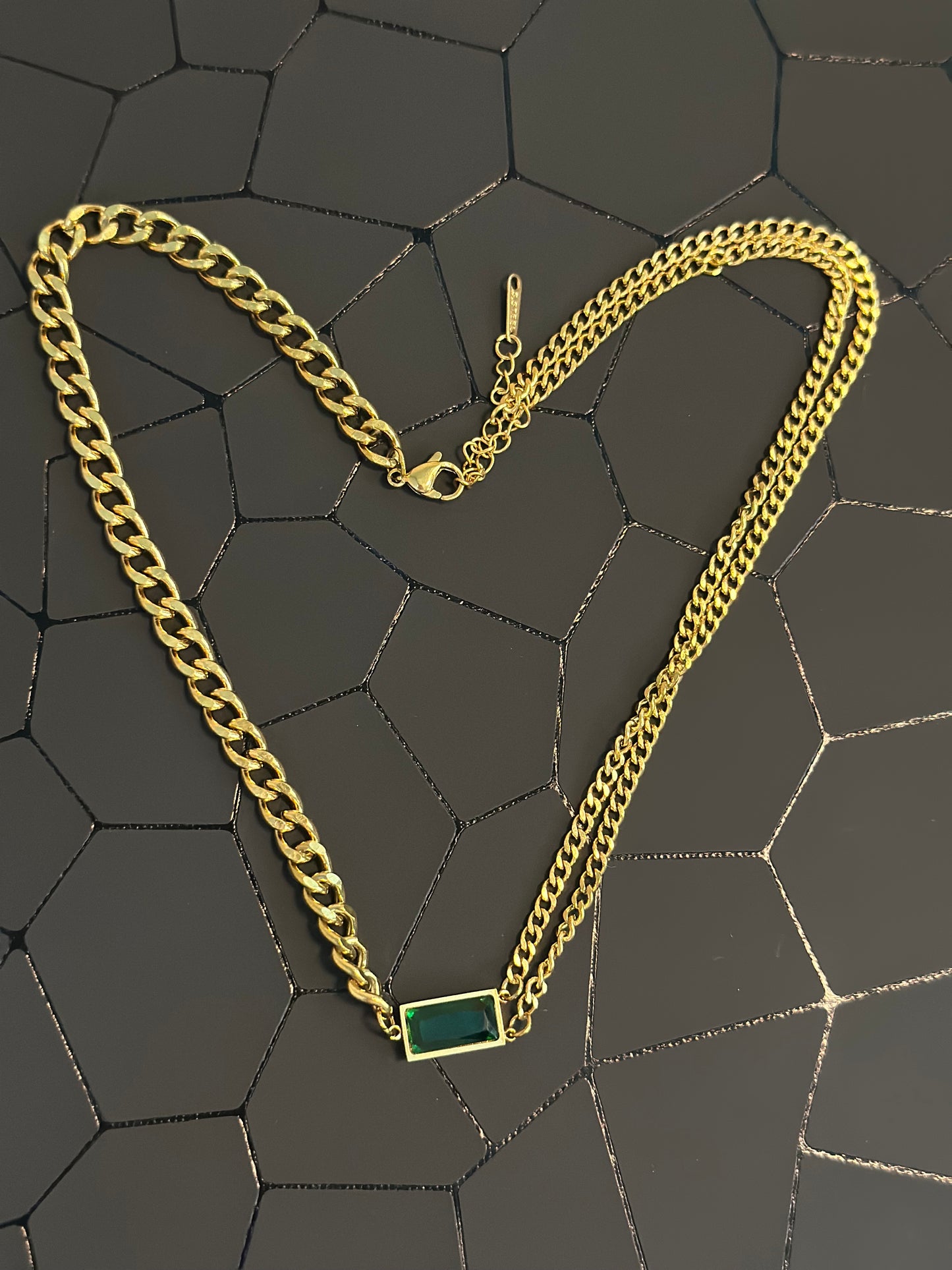 Gold Curb Chain Necklace with Emerald Green Pendant