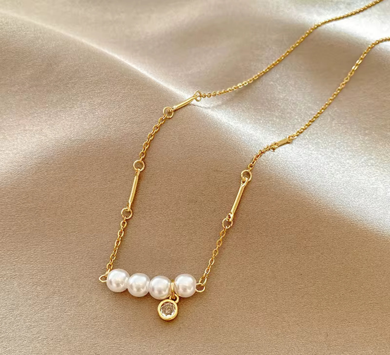 Gold Pearl Bar Necklace with Crystal Charm