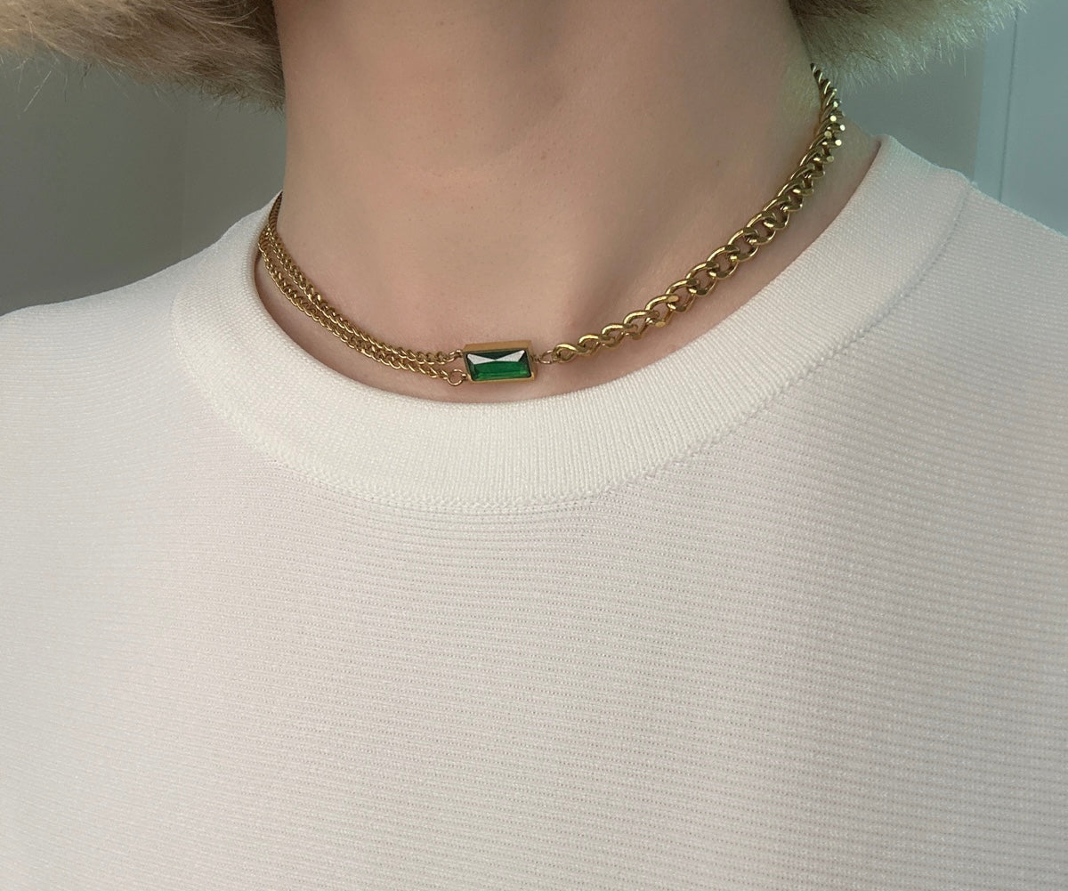 Gold Curb Chain Necklace with Emerald Green Pendant