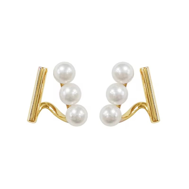 14K Gold Bar & Pearl Climber Earrings