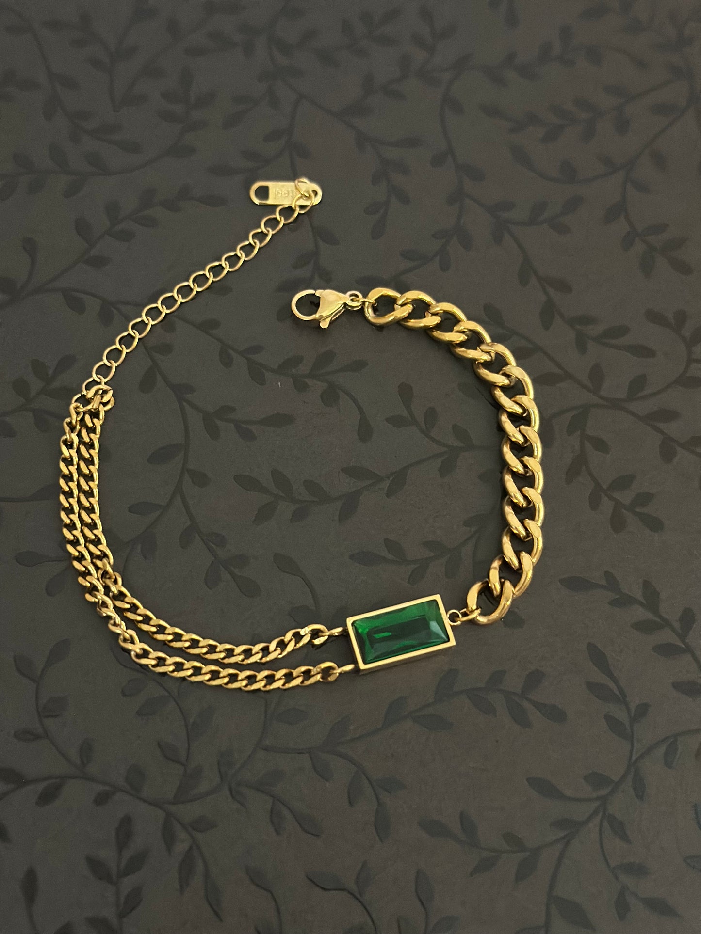 18K Gold Plated Emerald Green Stone Curb Chain Bracelet
