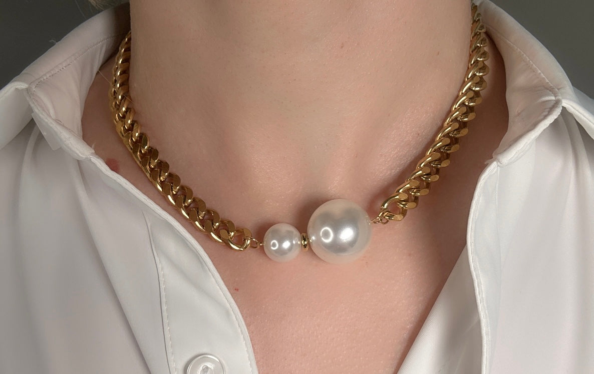 18K Gold Plated Chain with two Statement Pearls Necklace