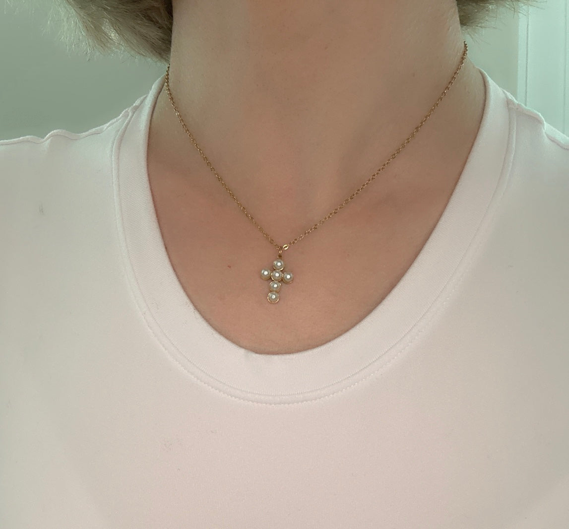 18K Gold Plated Pearl Cross Necklace