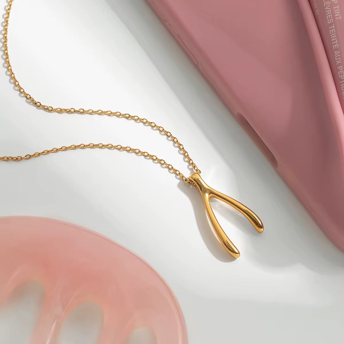 Wishbone Pendant Necklace - Waterproof 18K GoldPlated Stainless Steel
