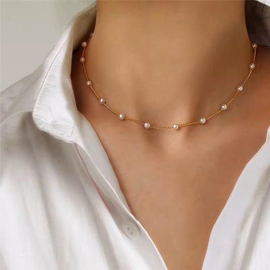 14K Plated Gold Beaded Perl Necklace/ Choker
