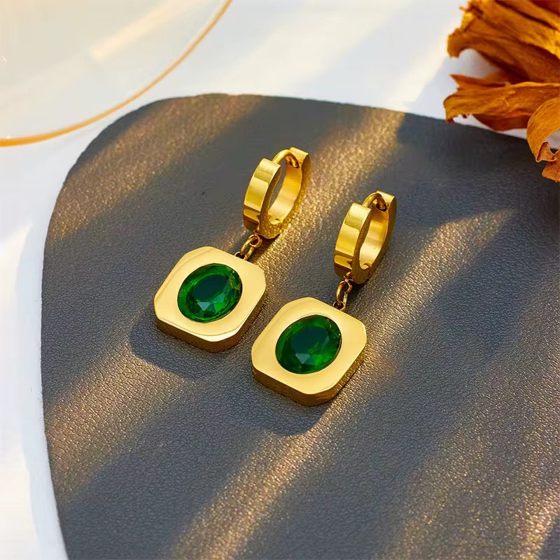 18K Gold Green Crystal Drop Earrings - Emerald Statement Hoops