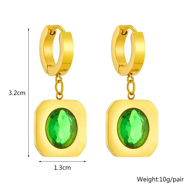 18K Gold Green Crystal Drop Earrings - Emerald Statement Hoops