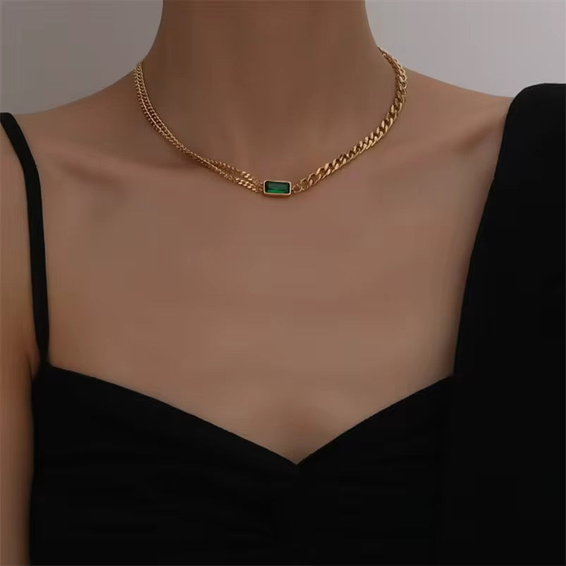 Gold Curb Chain Necklace with Emerald Green Pendant