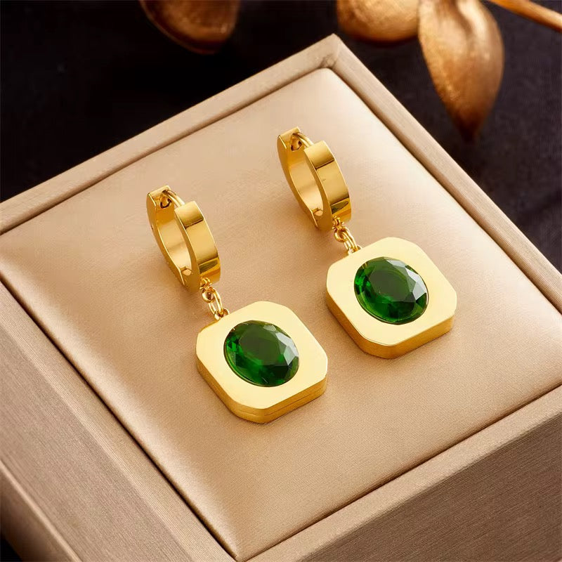 18K Gold Green Crystal Drop Earrings - Emerald Statement Hoops
