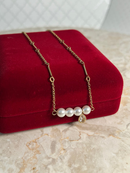 Gold Pearl Bar Necklace with Crystal Charm
