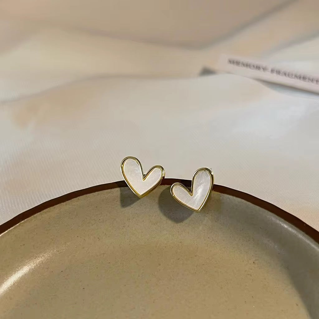 Gold Pearl Heart Stud Earrings