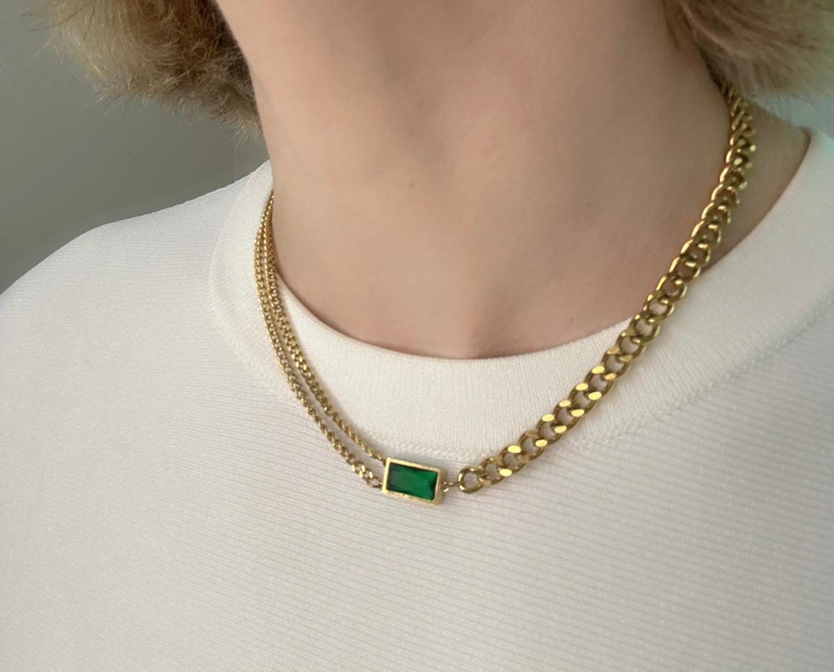 Gold Curb Chain Necklace with Emerald Green Pendant