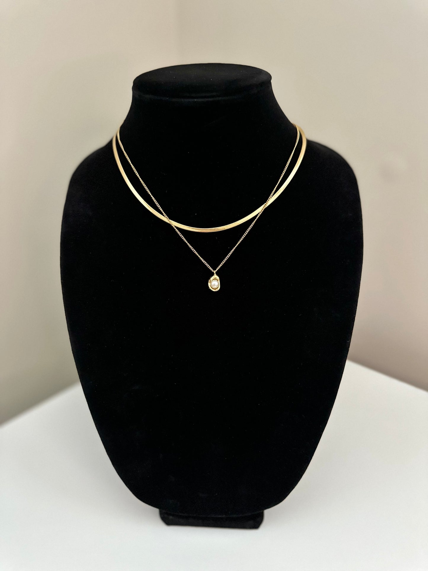 18K Gold Plated Herringbone Chain & Pearl Pendant Layered Necklace Set