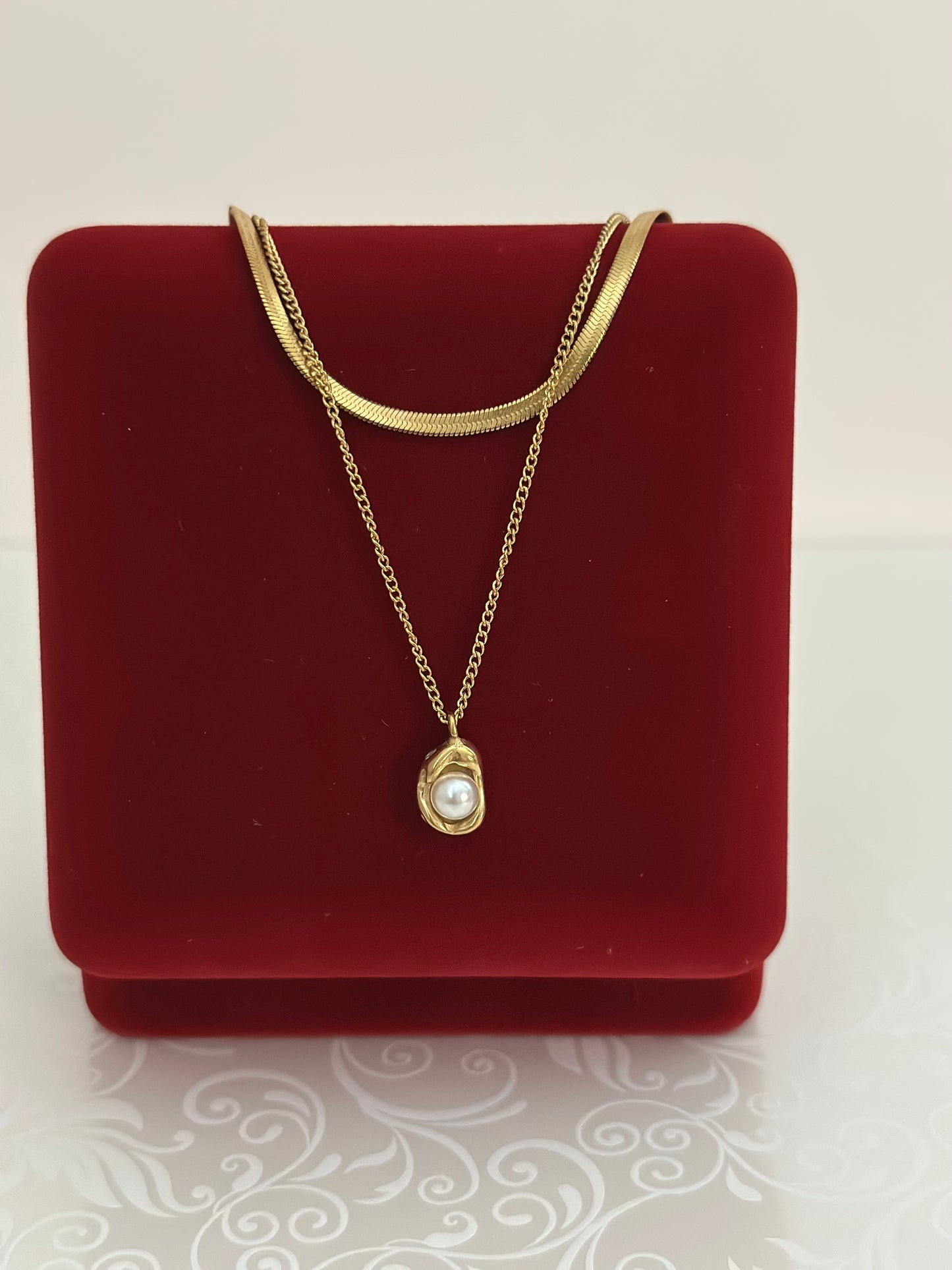 18K Gold Plated Herringbone Chain & Pearl Pendant Layered Necklace Set