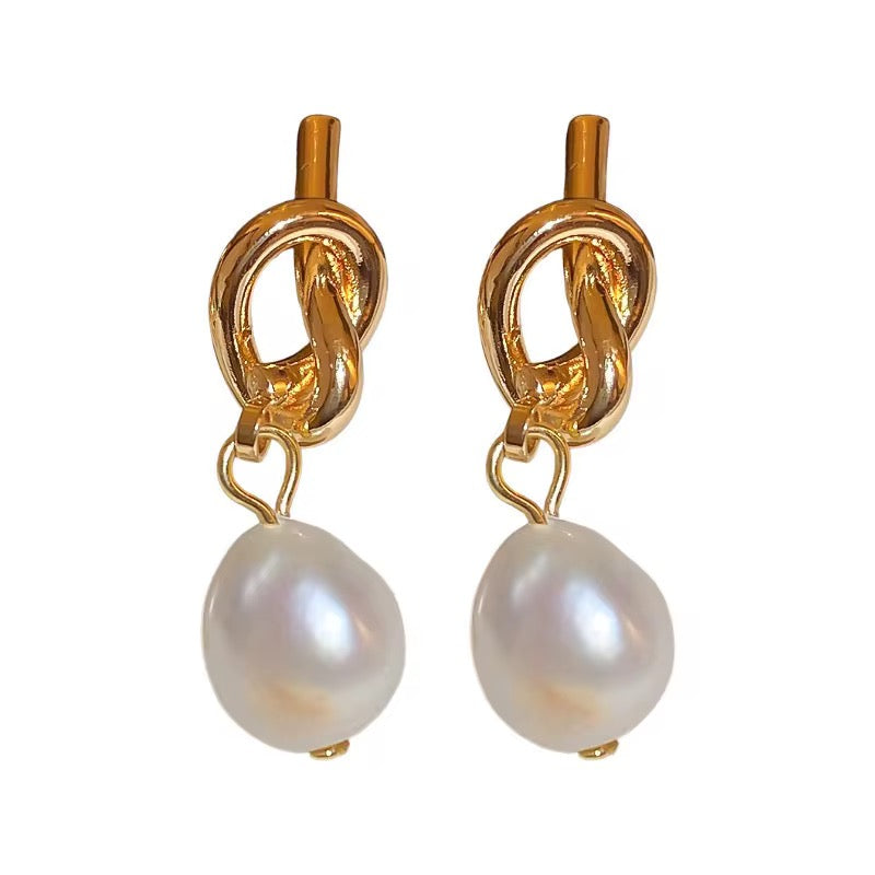 Gold Pearl Drop Knot Earrings