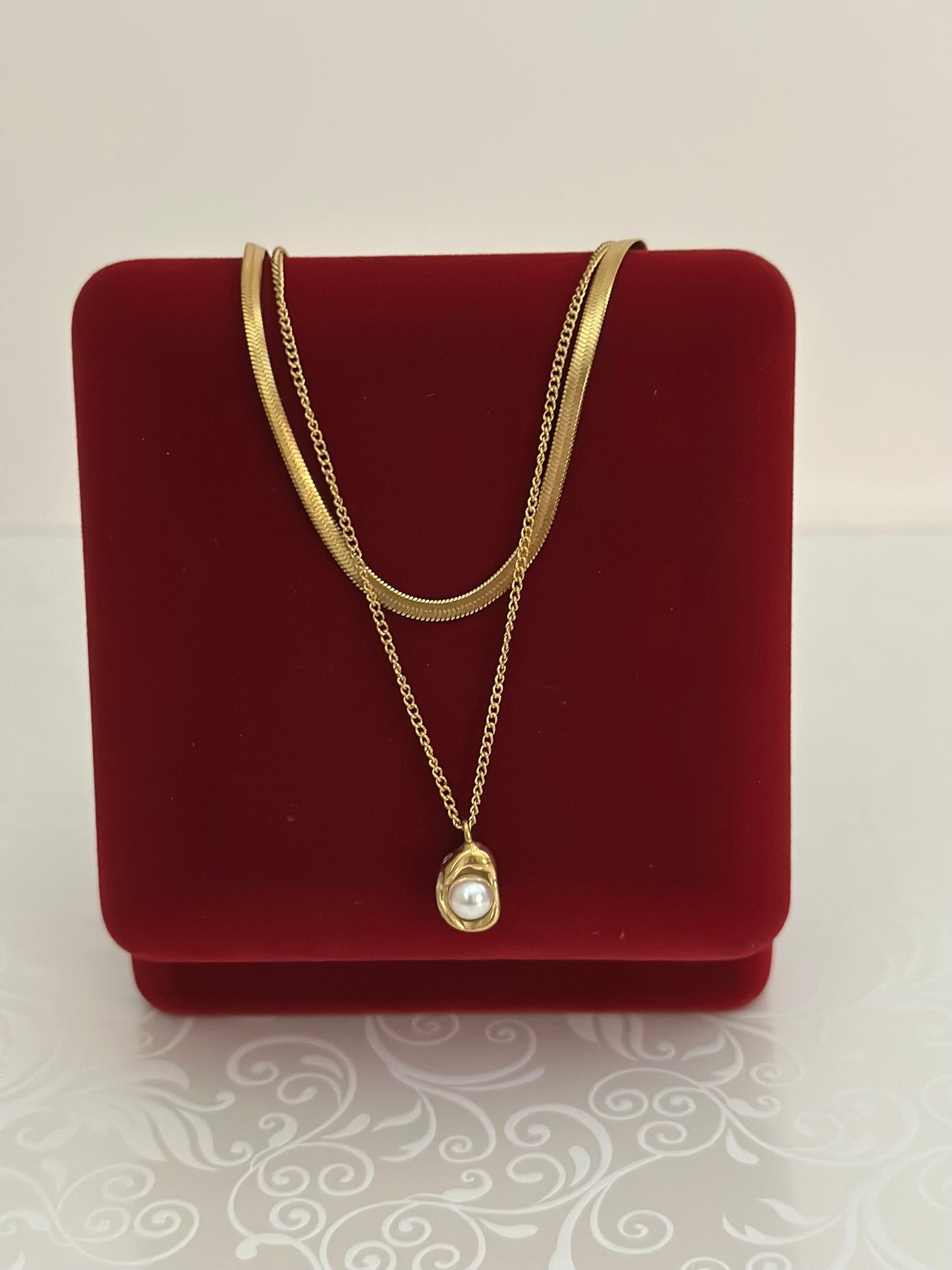 18K Gold Plated Herringbone Chain & Pearl Pendant Layered Necklace Set
