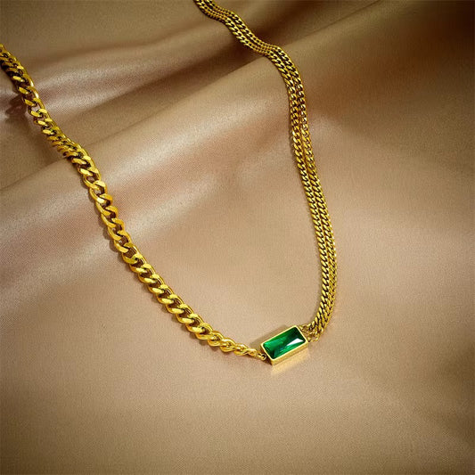 Gold Curb Chain Necklace with Emerald Green Pendant