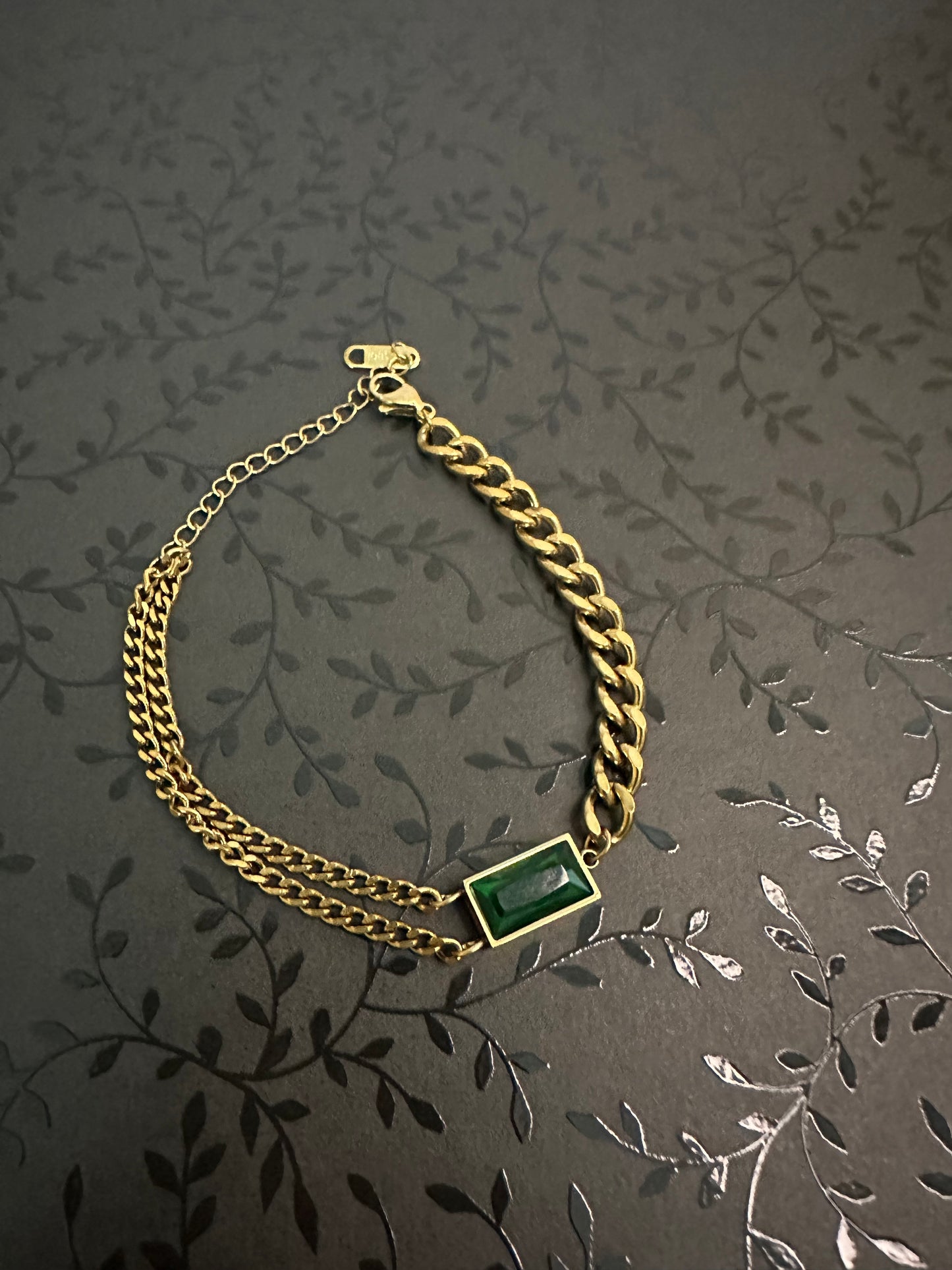 18K Gold Plated Emerald Green Stone Curb Chain Bracelet
