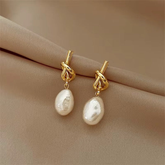 Gold Pearl Drop Knot Earrings