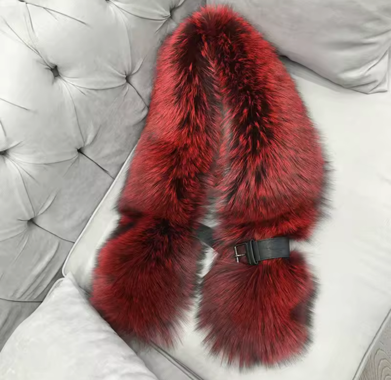 Genuine Silver Fox Fur Scarf Collar – Signature Strap Detail