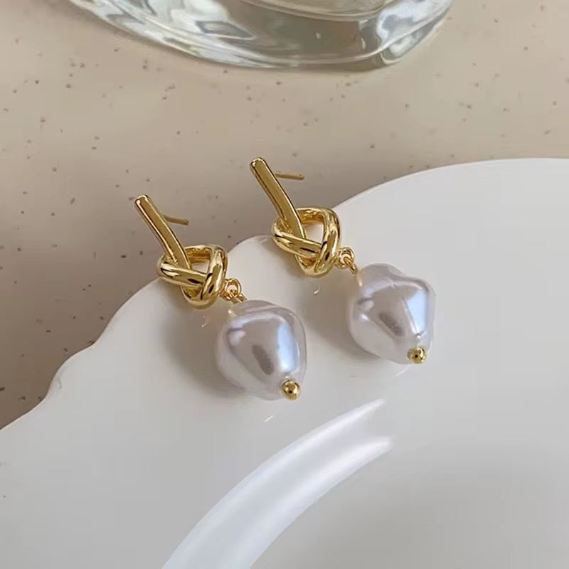 Gold Pearl Drop Knot Earrings
