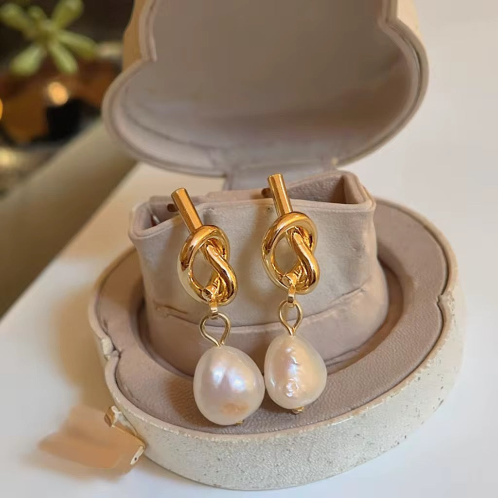 Gold Pearl Drop Knot Earrings
