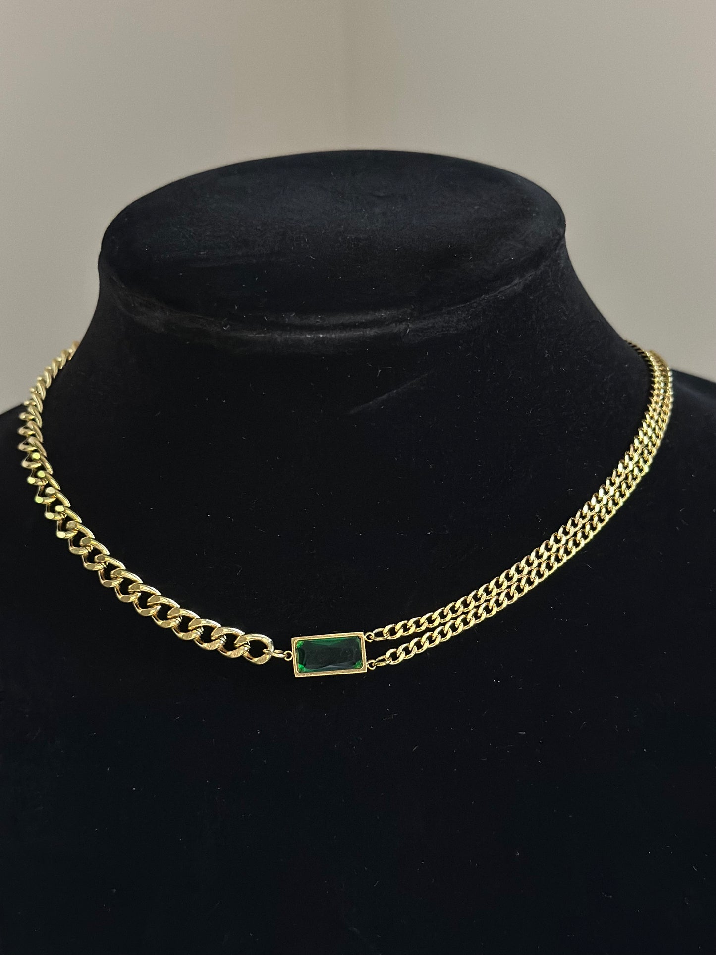 Gold Curb Chain Necklace with Emerald Green Pendant