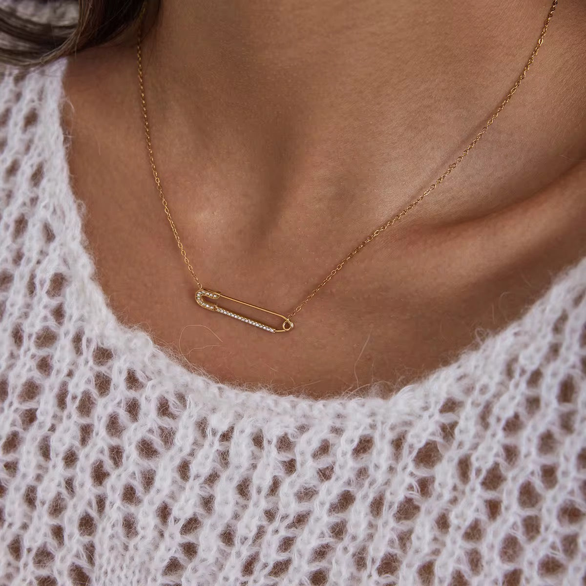 18K Gold Stainless Steel Safety Pin Necklace - Waterproof