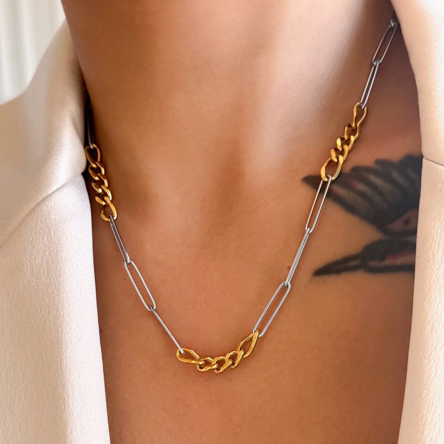 Two-Tone Paperclip Chain Necklace - Waterproof Stainless Steel, Hypoallergenic