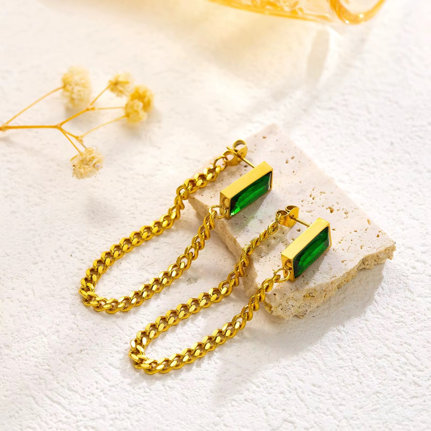 18K Gold Green Crystal Drop Earrings - Emerald Statement Drop Earrings