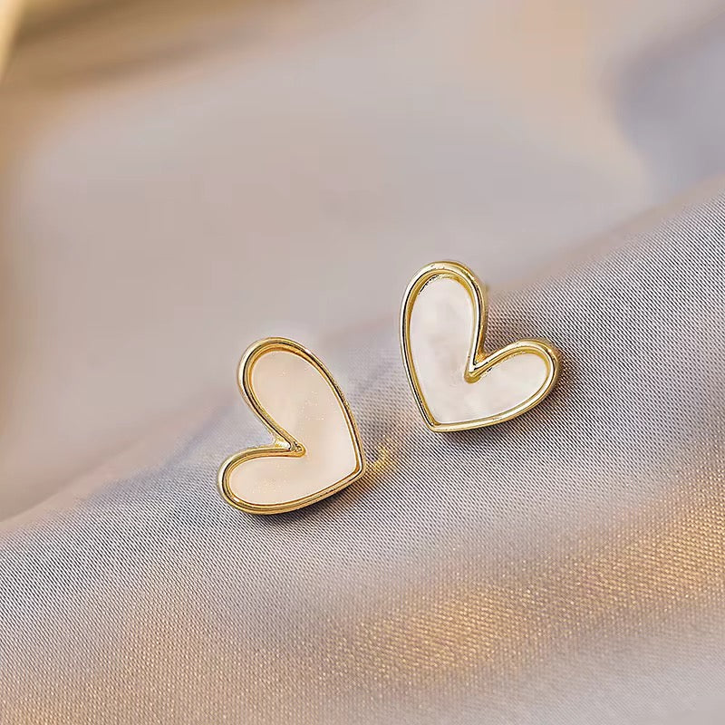 Gold Pearl Heart Stud Earrings