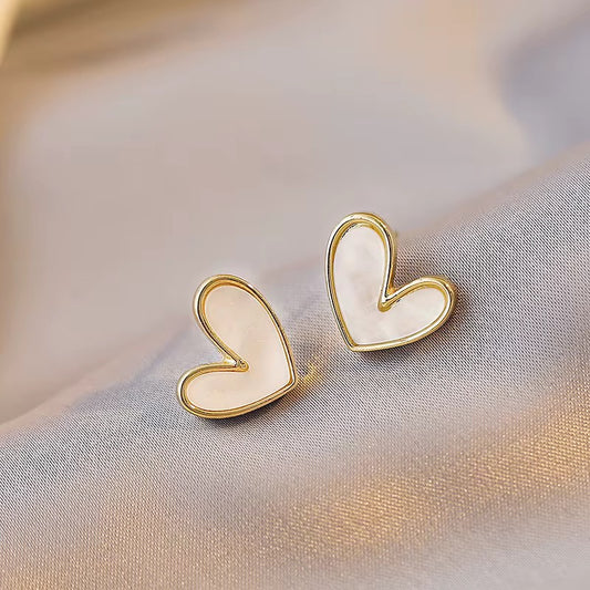 Gold Pearl Heart Stud Earrings