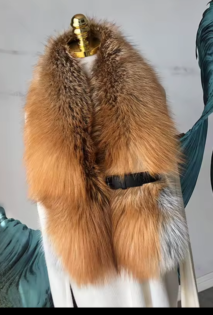 Genuine Silver Fox Fur Scarf Collar – Signature Strap Detail