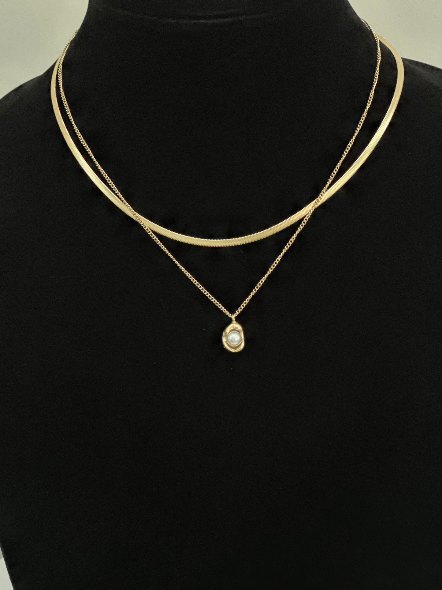 18K Gold Plated Herringbone Chain & Pearl Pendant Layered Necklace Set