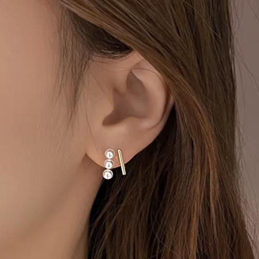 14K Gold Bar & Pearl Climber Earrings
