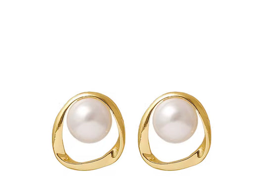 14K Gold Organic Frame Pearl Stud Earring