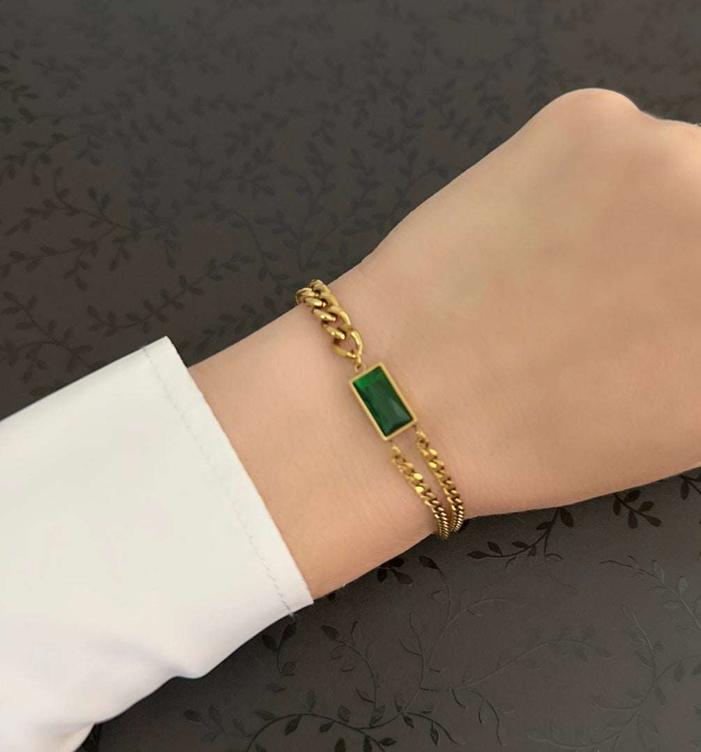 18K Gold Plated Emerald Green Stone Curb Chain Bracelet