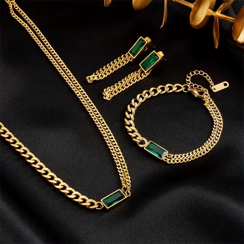 18K Gold Plated Emerald Green Stone Curb Chain Bracelet