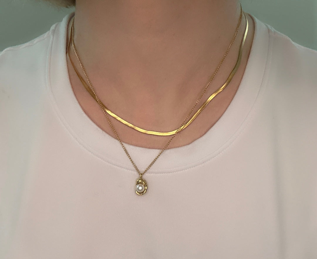 18K Gold Plated Herringbone Chain & Pearl Pendant Layered Necklace Set