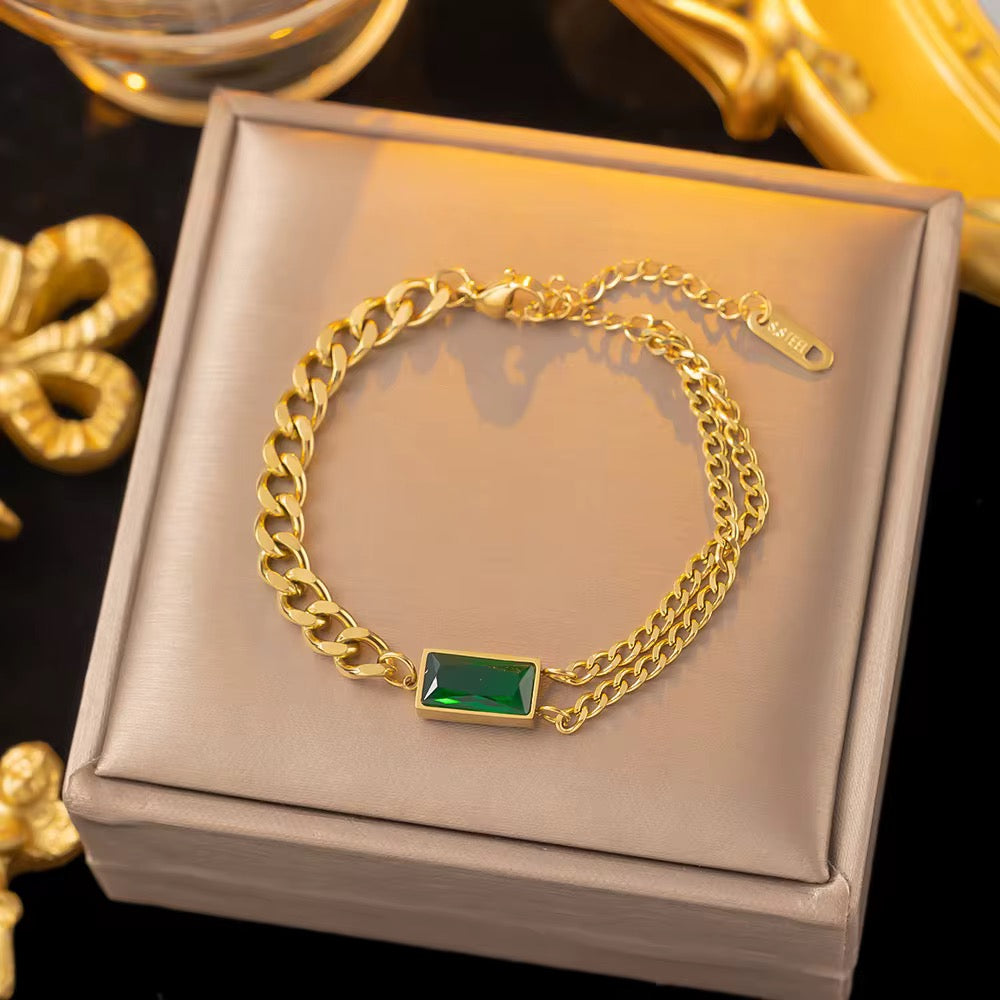 18K Gold Plated Emerald Green Stone Curb Chain Bracelet