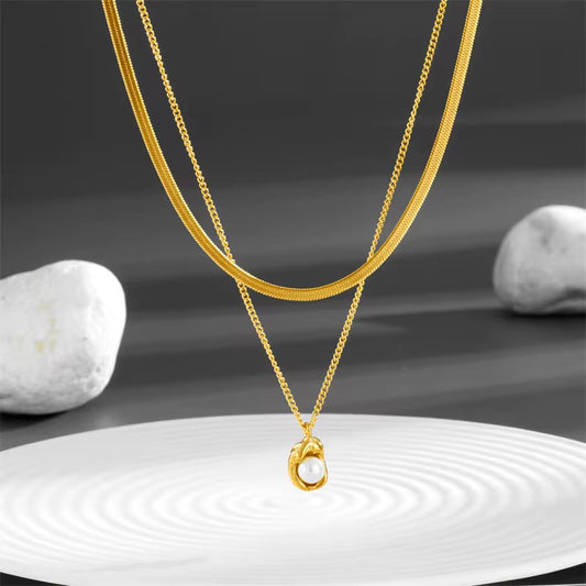 18K Gold Plated Herringbone Chain & Pearl Pendant Layered Necklace Set