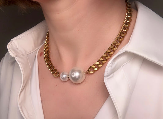 18K Gold Plated Chain with two Statement Pearls Necklace